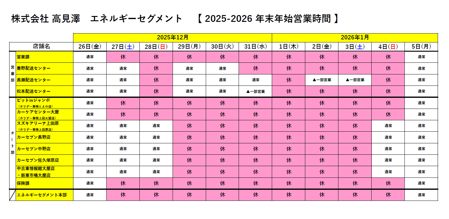 2025-2026高見澤エネルギーセグメント年末年始営業時間-2